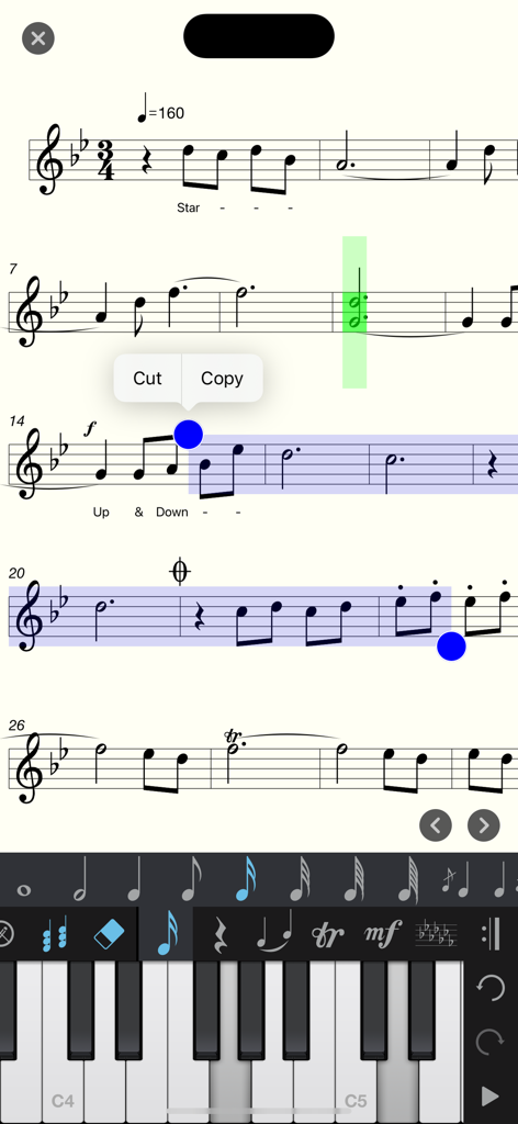 Piano+ - Sheet Music Composer - Interface of the Piano+ app showing sheet music notation and a piano keyboard for composing music