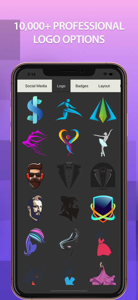 Logo Maker: Create & Design - Pantalla de smartphone mostrando una cuadrícula de diversas plantillas de logos profesionales en la aplicación Logo Maker