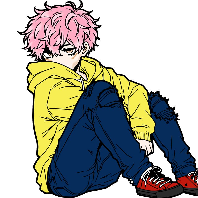 a male hoddie ripped jeans messy hair anime