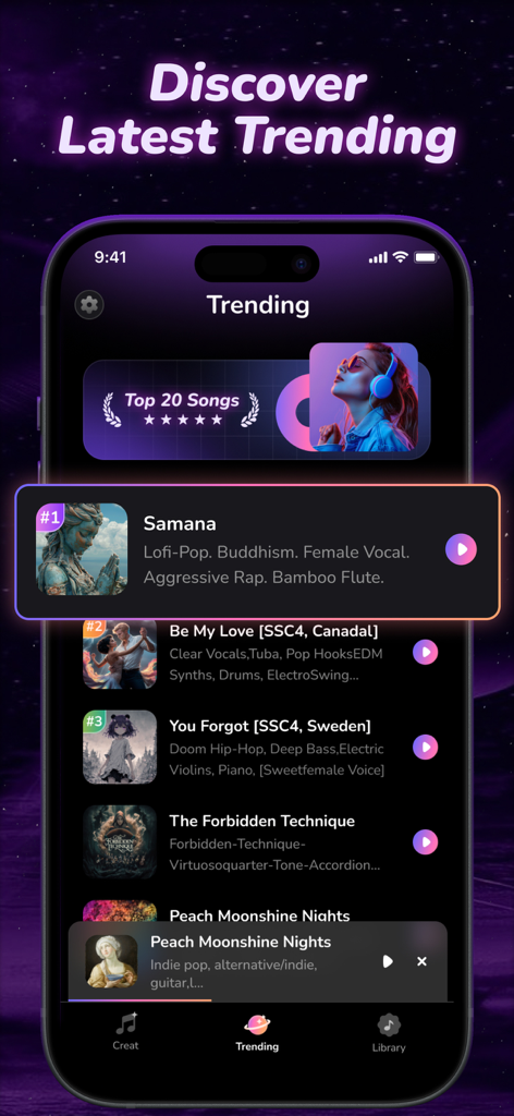 AI Music Maker-AI Song Creator - AI Music Maker app trending screen showing a list of popular AI-generated songs with genre tags and album art
