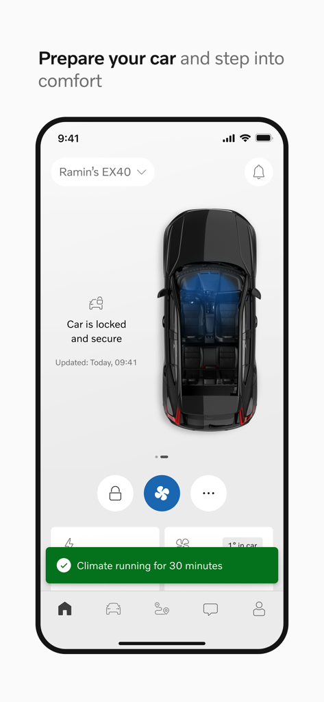 Volvo Cars - Volvo Cars app interface showing remote climate control active and car locked status