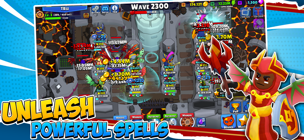 Idle Hero TD Tower Defense RPG - Gameplay screenshot of Idle Hero TD showing heroes defending against monsters with powerful spells on a lava map at wave 2300