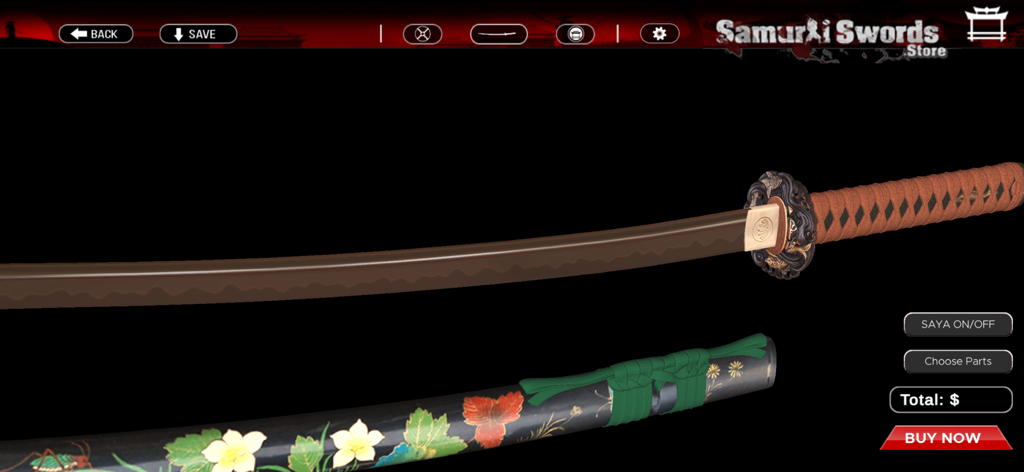 3D preview of a customized samurai katana with a brown hilt and decorative floral scabbard in the app interface.