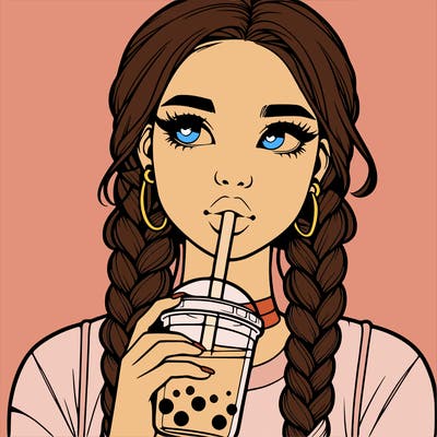 realistic girl with braided hair drinking boba