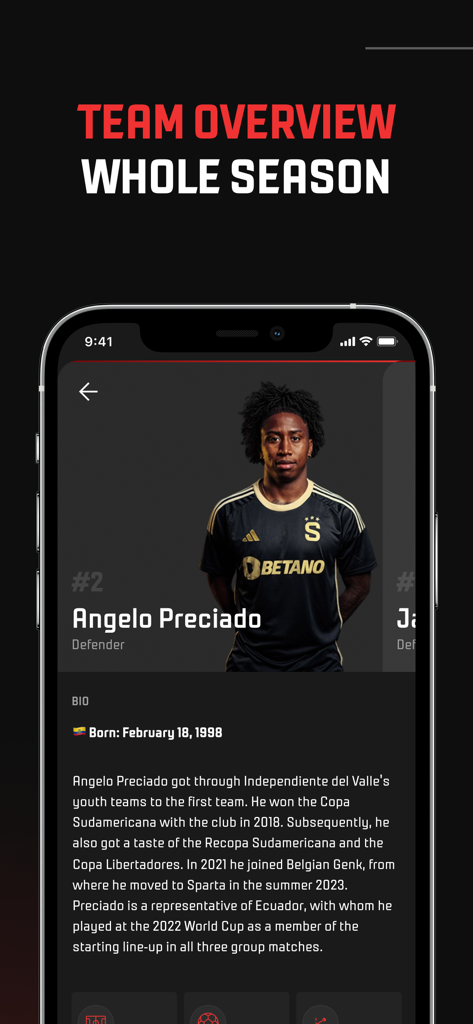 Sparta. - AC Sparta Praha app player overview showing Angelo Preciado biography and details