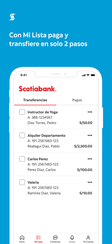 Scotiabank Perú - Aplicativo móvel Scotiabank Peru mostrando o recurso Mi Lista para transferências bancárias e pagamentos rápidos.