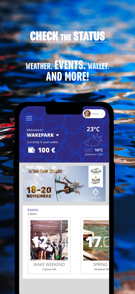 Grabby app screen displaying weather, wallet balance, and wakeboard event information.