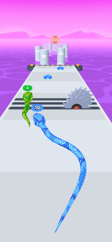 Snake Run Race・3D Running Game - A blue snake navigates a 3D obstacle course in the Snake Run Race game.