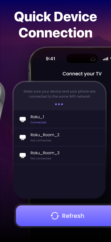 Roku TV Remote Control・ - iPhone screen displaying a list of Roku TV devices for quick WiFi connection and multi-device management