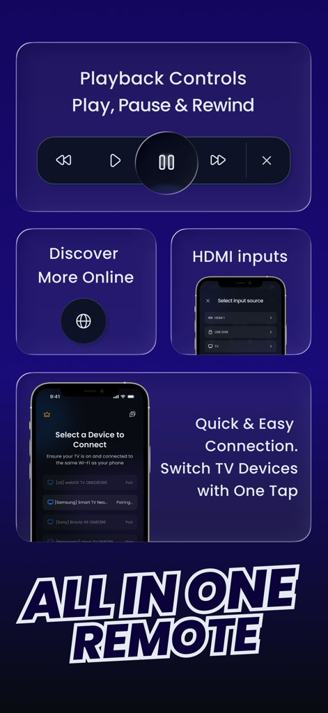TV Remote Universal Control - Interfaz de la aplicación TV Remote Universal Control que muestra botones de reproducción, selección de entrada HDMI y lista de emparejamiento de dispositivos.