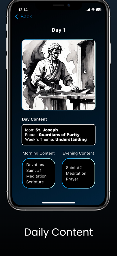 Saint Steps app daily content screen showing morning and evening prayers for Day 1
