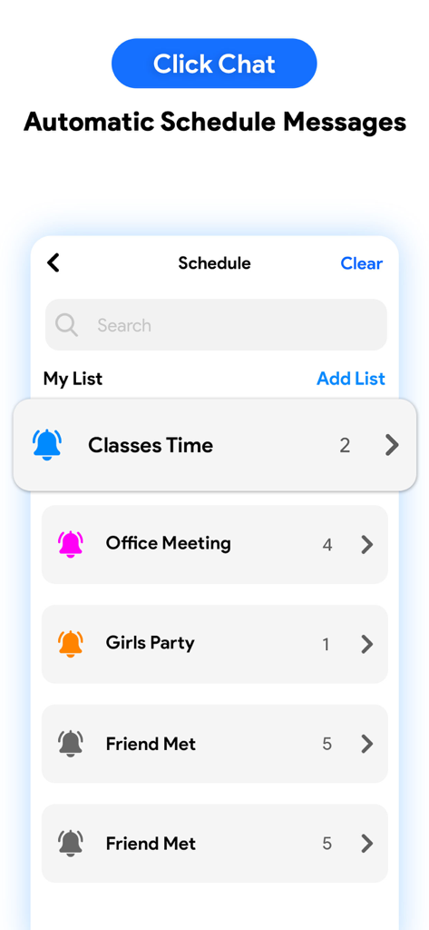Click To Chat - Direct Message - Interface showing automatic schedule messages feature in the Click To Chat app