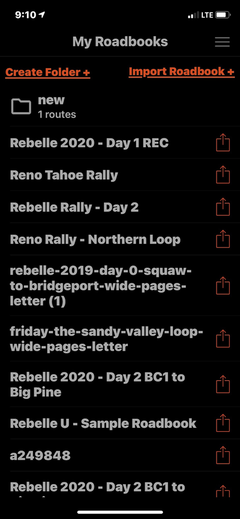 List of imported roadbooks in the Rally Roadbook Reader app showing folders and various rally events