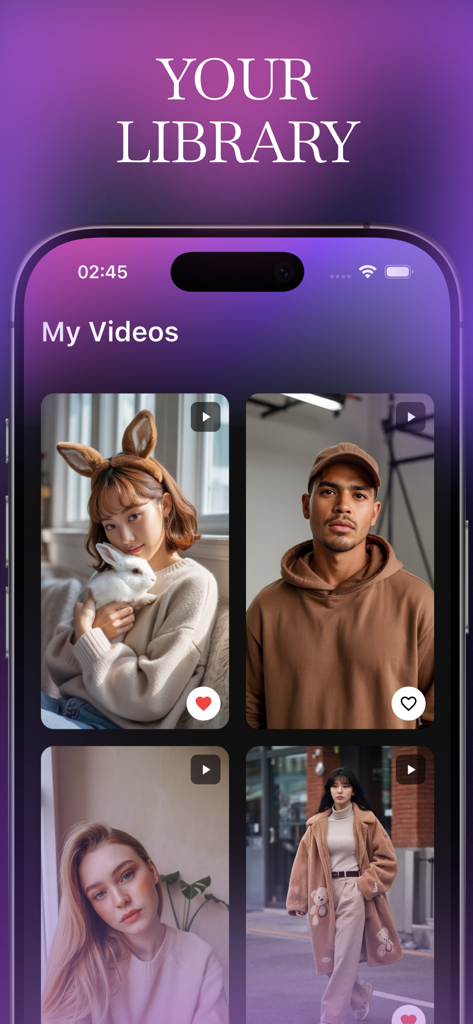 AI生成されたリアルなキャラクターとソーシャルメディアコンテンツのビデオライブラリを表示するモバイルアプリのインターフェース