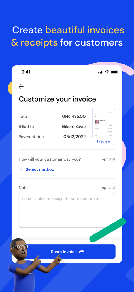 Oze - Oze mobile app interface for creating and customizing business invoices.