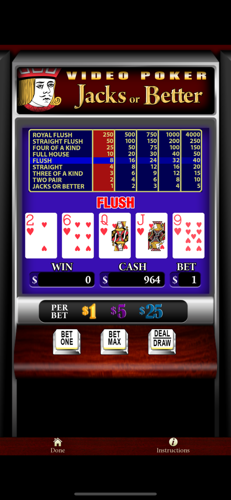Astraware Casino - Astraware Casino video poker jacks or better game screen showing a winning flush hand