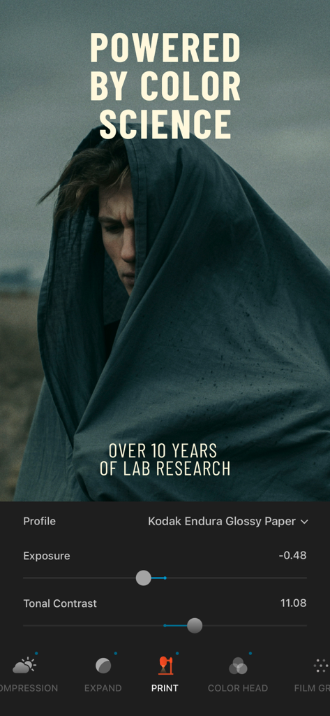 Dehancer Film Emulation - Dehancer app interface showing professional color science tools and Kodak film emulation on a cinematic portrait