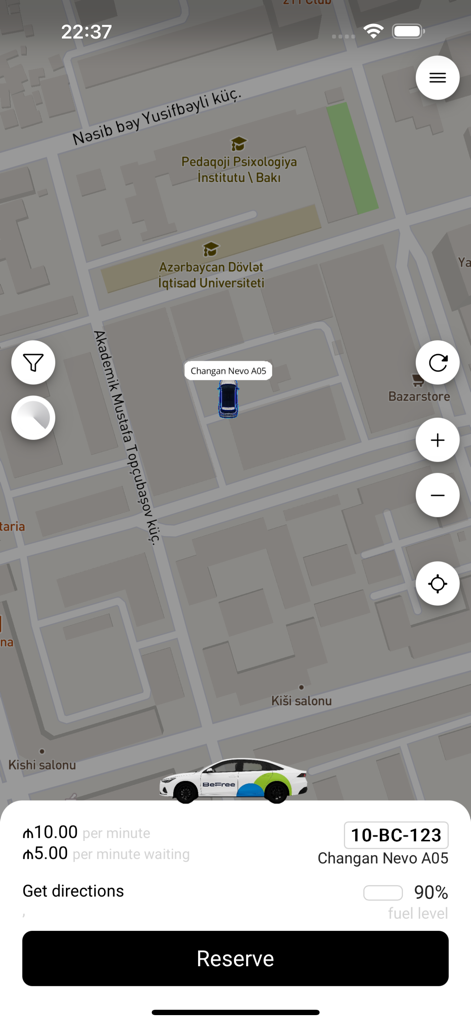 BeFree - Carsharing in Baku - BeFree carsharing app map view showing vehicle location details and reservation button in Baku