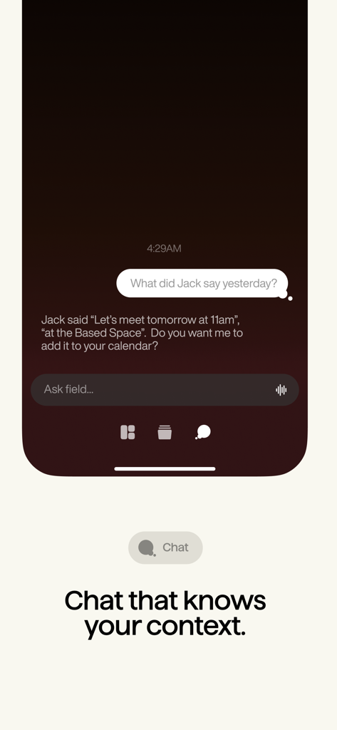 Fieldy - AI note taker - A screenshot of the Fieldy app showing a chat interface where an AI recalls a past conversation about a meeting.