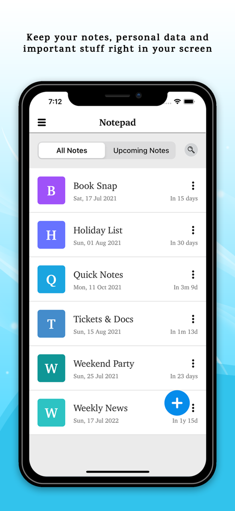 Una lista de notas categorizadas con iconos codificados por colores y cuentas regresivas en la aplicación Notepad Plus Pro
