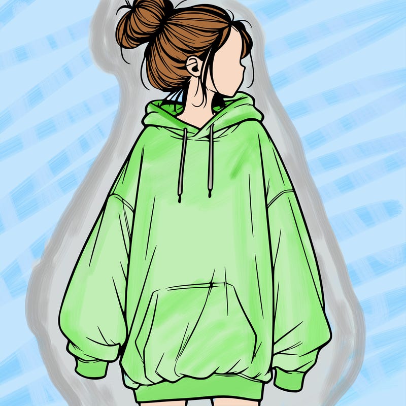realistic girl with a oversized sweatshirt on and a bun