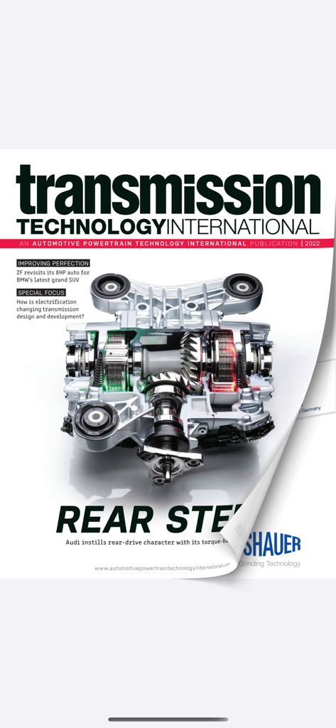 Automotive Powertrain Tech Int - 自動車用リアドライブコンポーネントの技術的な断面図を特集したTransmission Technology International雑誌の表紙