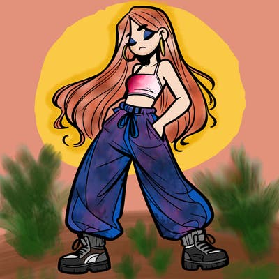 girl in baggy pants crop top and long hair