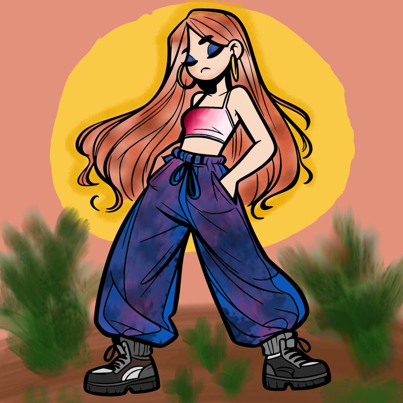 girl in baggy pants crop top and long hair