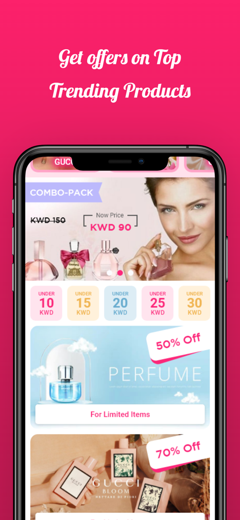 The Perfume Smell - Interfaz de la app The Perfume Smell mostrando ofertas de perfumes de tendencia y descuentos de hasta el setenta por ciento.