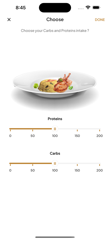 Una pantalla de personalización de comidas que permite a los usuarios ajustar los niveles de proteína y carbohidratos usando deslizadores.
