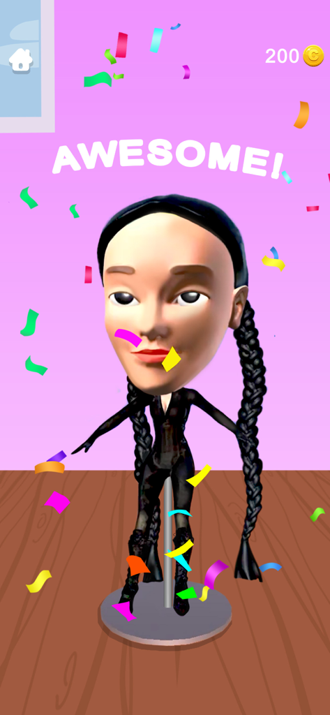 Completed 3D clay sculpture of a character with long braids on a victory screen with falling confetti and the word awesome