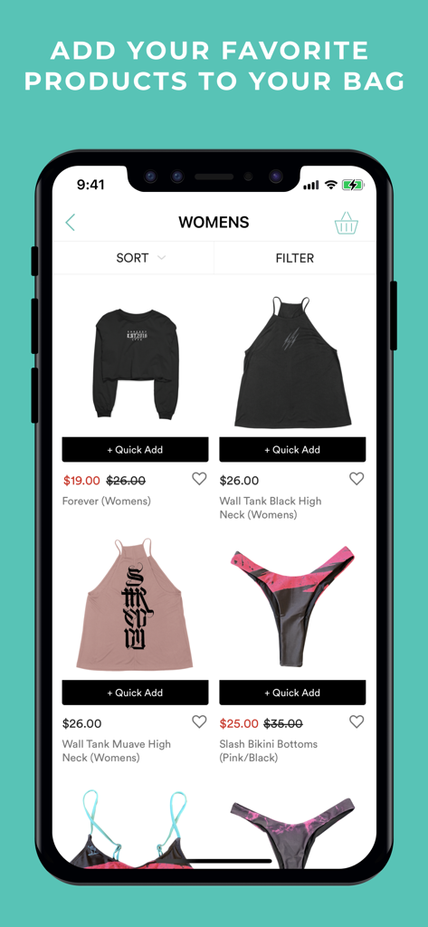 Shreddy - Shreddy mobile app showing women's activewear products with prices and quick add options