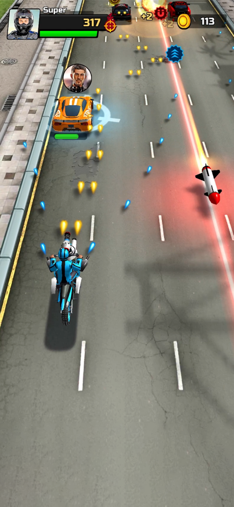 Bike Rider - Moto Race - A blue motorcycle shooting projectiles at cars in a high speed urban racing battle.