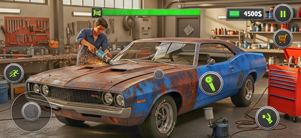 차고 작업장에서 빈티지 자동차의 녹을 제거하기 위해 연삭 도구를 사용하는 정비사