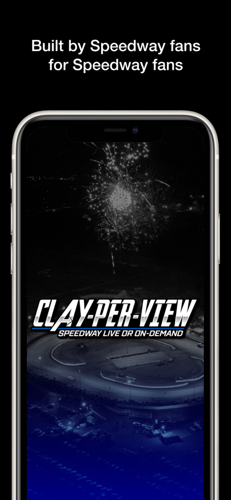 Clay Per View app splash screen with logo over a speedway track at night with fireworks
