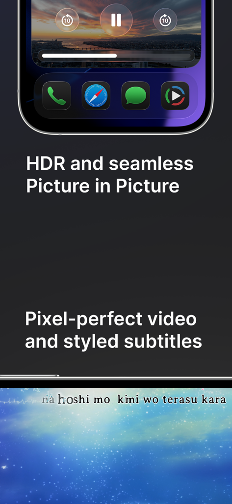 Screenshot of Outplayer app highlighting HDR video playback, Picture in Picture mode, and stylized subtitles on iOS.