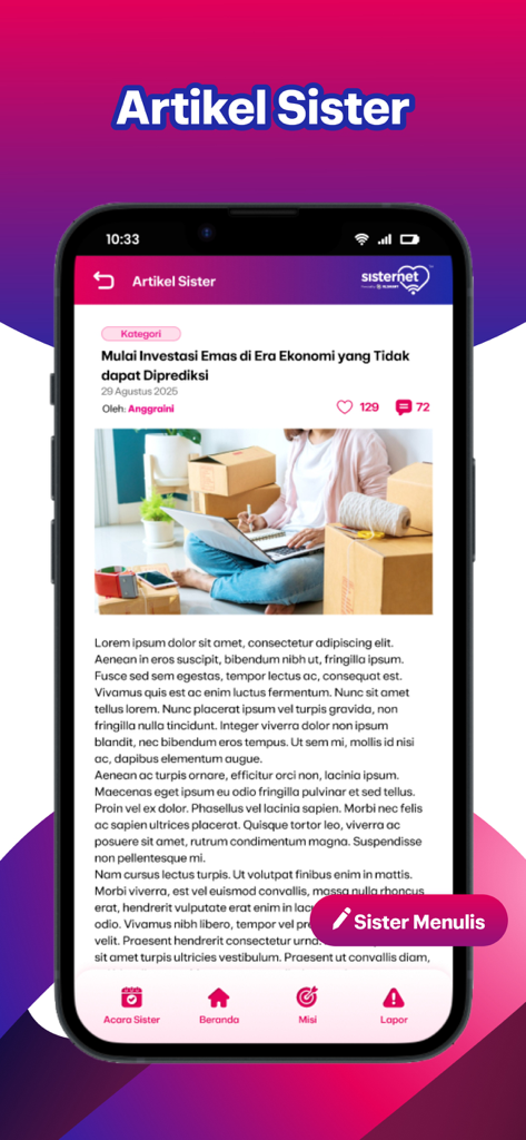 Sisternet - Interfaz de la aplicación móvil Sisternet que muestra un artículo sobre empoderamiento femenino y la función Sister Menulis.