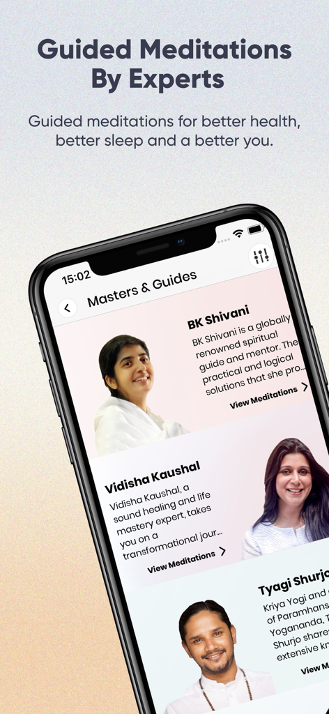 ThinkRight: Meditation & Sleep - A smartphone screen from the ThinkRight app displaying spiritual guides and meditation experts like BK Shivani
