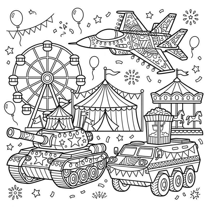 Prepare for an explosion of fun with this unique coloring page, blending powerful military vehicles with the festive joy of a carnival. Adorn tanks, jets, and armored carriers with vibrant colors, transforming them into whimsical parade floats.