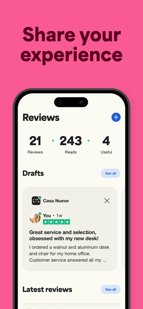 Trustpilot app interface showing user review statistics and a draft review for a brand