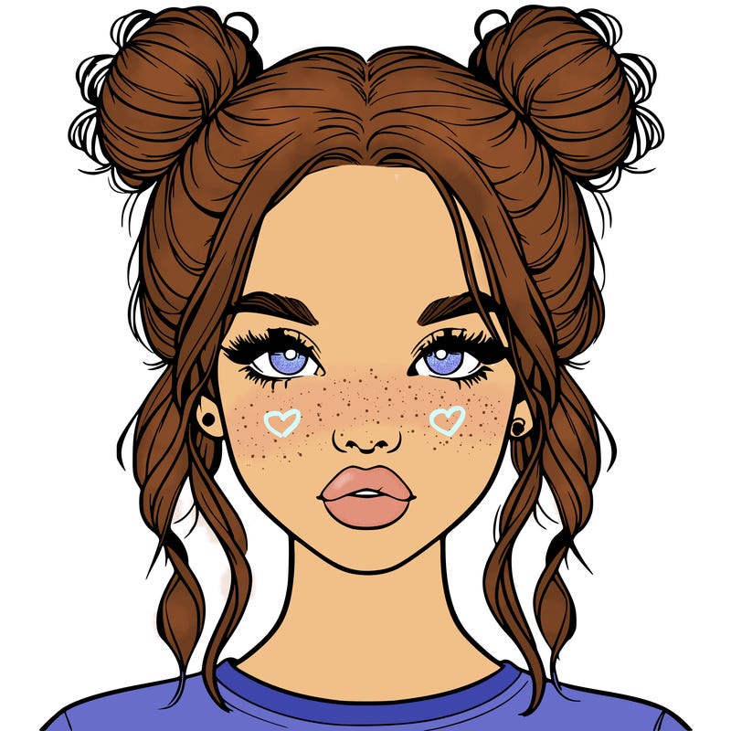 realistic girl with two buns in hair and lips