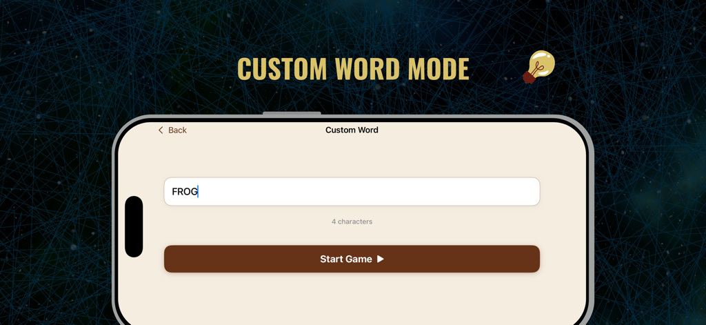 Henyo Word Game custom word mode screen where players can enter their own words to guess