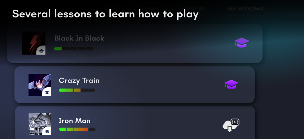 Real Bass electric bass guitar - Screen showing several bass guitar lessons for popular rock songs like Crazy Train and Iron Man with progress bars