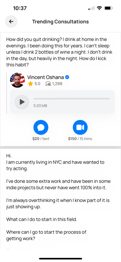 Minnect app interface showing trending consultations with expert Vincent Oshana and consultation pricing.