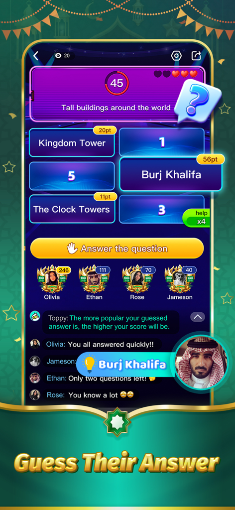 A screenshot of the TopTop Lite mobile app showing the Guess Their Answer trivia game mode with player avatars and social chat