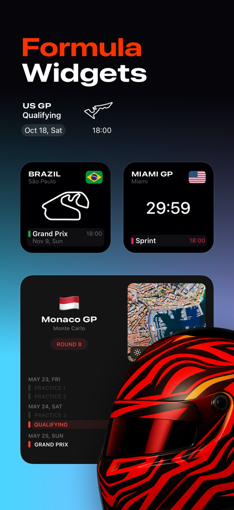 Formula 1 race widgets showing track layouts and countdown timers on iPhone