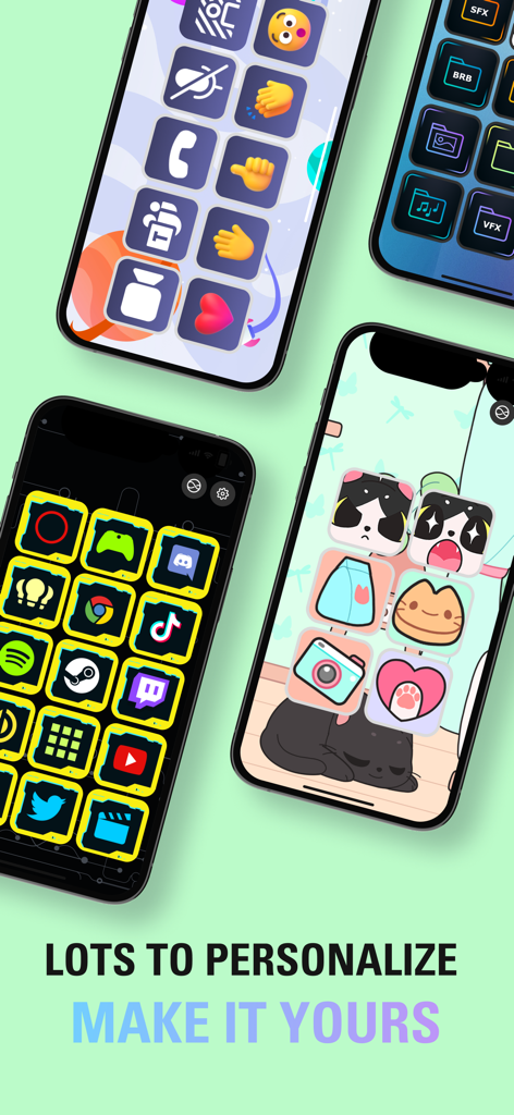 Elgato Stream Deck Mobile - Multiple smartphones displaying different custom icon sets and personalized themes for the Elgato Stream Deck Mobile app