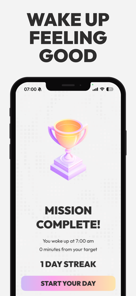 Circadian Alarm: Wake Up Early - Circadian Alarm app mission complete screen with trophy and wake up streak