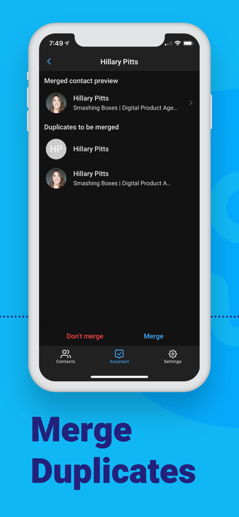 Contacts+ | Address Book - Contacts Plus app interface showing how to merge duplicate contacts.