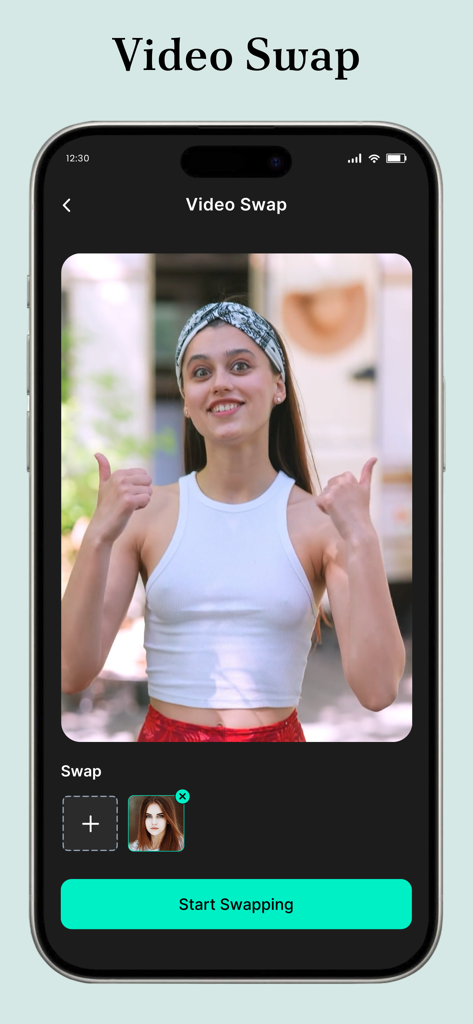 AI Face Swap: Photo Editor App - AI Face Swap app interface showing the Video Swap feature with a Start Swapping button